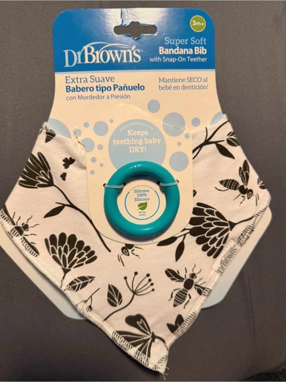 Dr. Brown's Black & White Floral Bandana Bib with Turquoise Teether